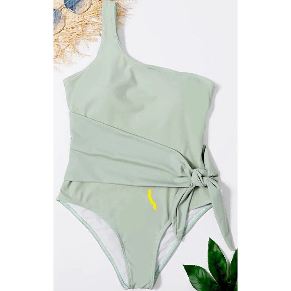 Pink Lily Green Solid One-Shoulder Tie Waist One-Piece Swimsuit Women S